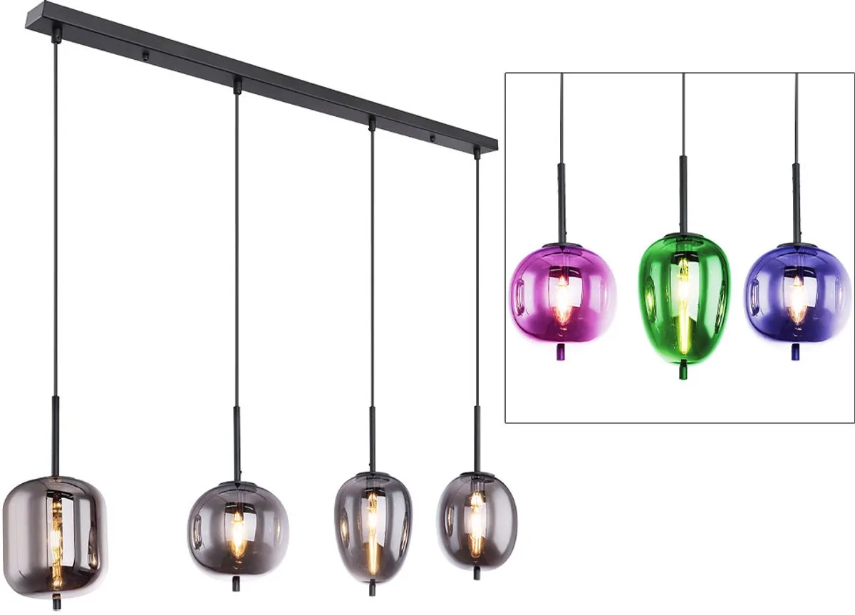 Eetkamer hanglamp Woonkamer hanglamp Lamp, 4 vlammen, metaal glas smoke-kleurig, 4x LED, LxH 120x100 cm de Globo en Noir – photo produit