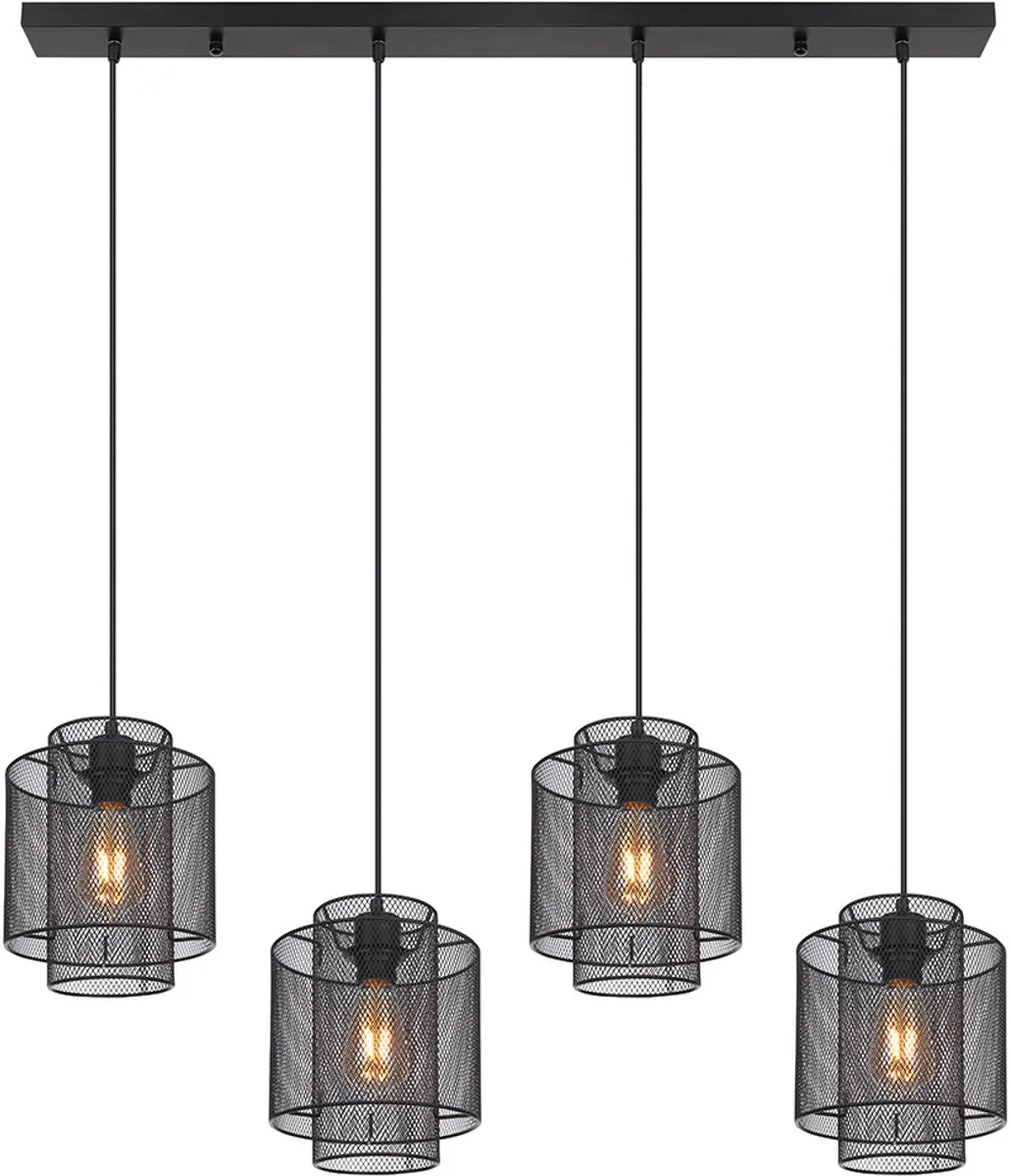 Eetkamer tafellamp Hanglamp woonkamer IndustrieelHanglamp metaal 4 vlammen, rasterdesign, 4x E27, LxH 98x120 cm von Globo in Schwarz – Produktfoto