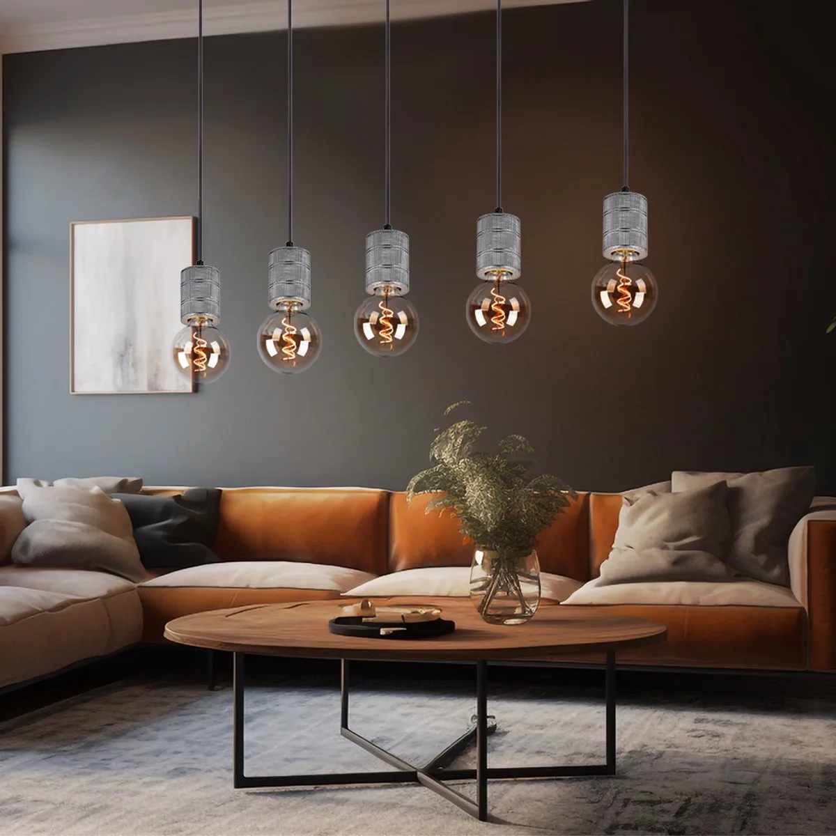 Eetkamerlamp antiek hanglamp in hoogte verstelbaar 5 vlammen LED, aluminium metaal, 5x 7W 5x 806lm warm wit, LxBxH 115x10x120 cm fra Globo i Sølv – produktbillede