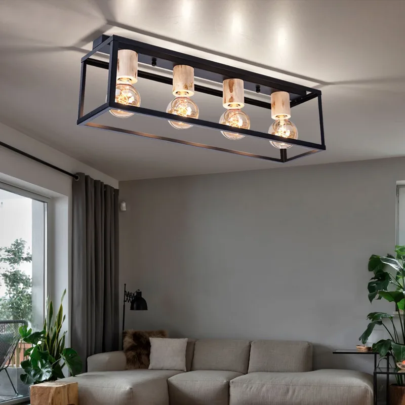 Eetkamerlamp plafond Plafondlamp hout 4 vlammen metalen frame, naturel, 4x E27 fitting, LxBxH 75x20x22,5 cm de Globo en Noir – photo produit