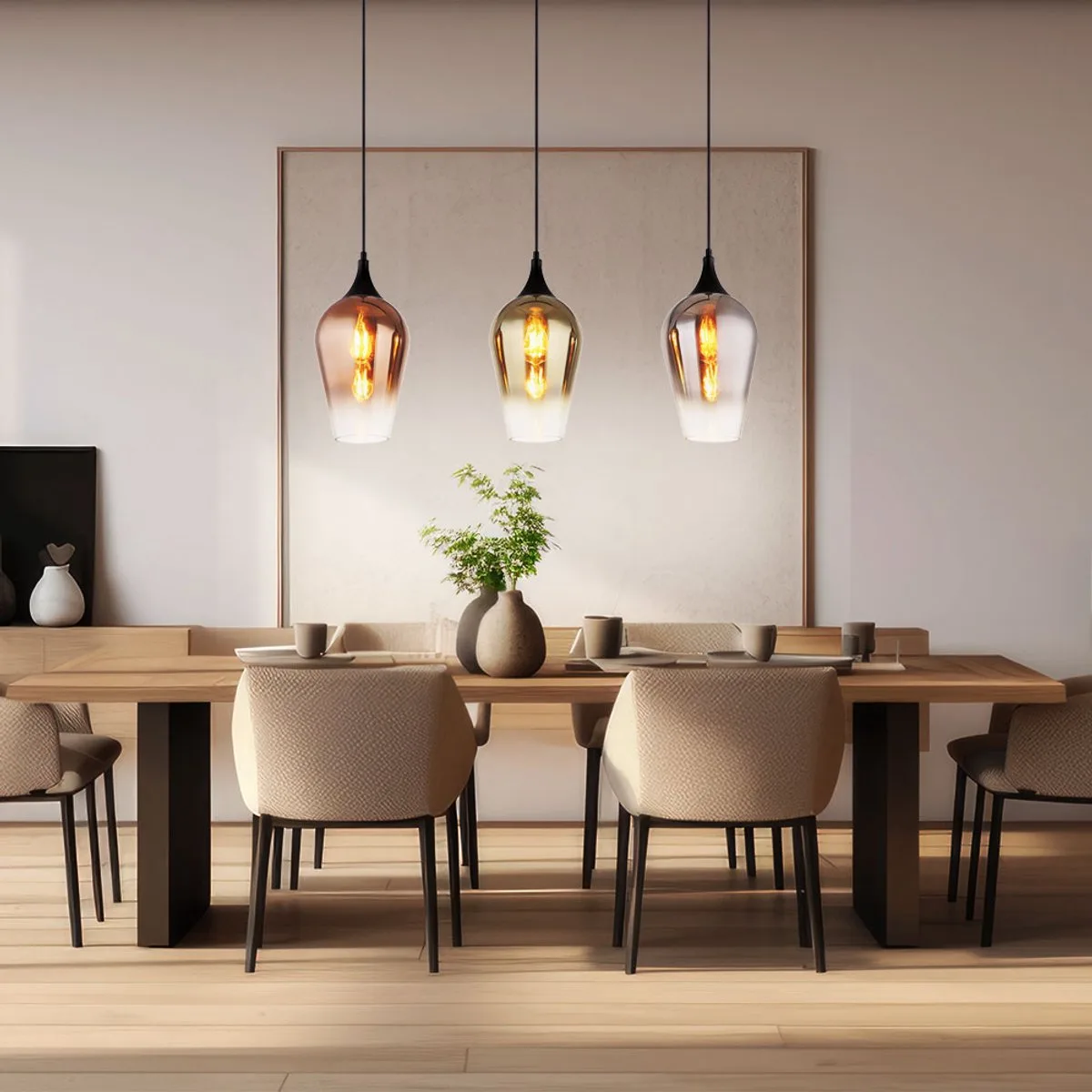 Eettafel lamp 3 vlammen hanglamp zwart hanglamp woonkamer lamp, glas goud, chroom, koper, 3x E27, LxBxH 83 x 18 x 120 cm van Globo in Kleurrijk – productfoto