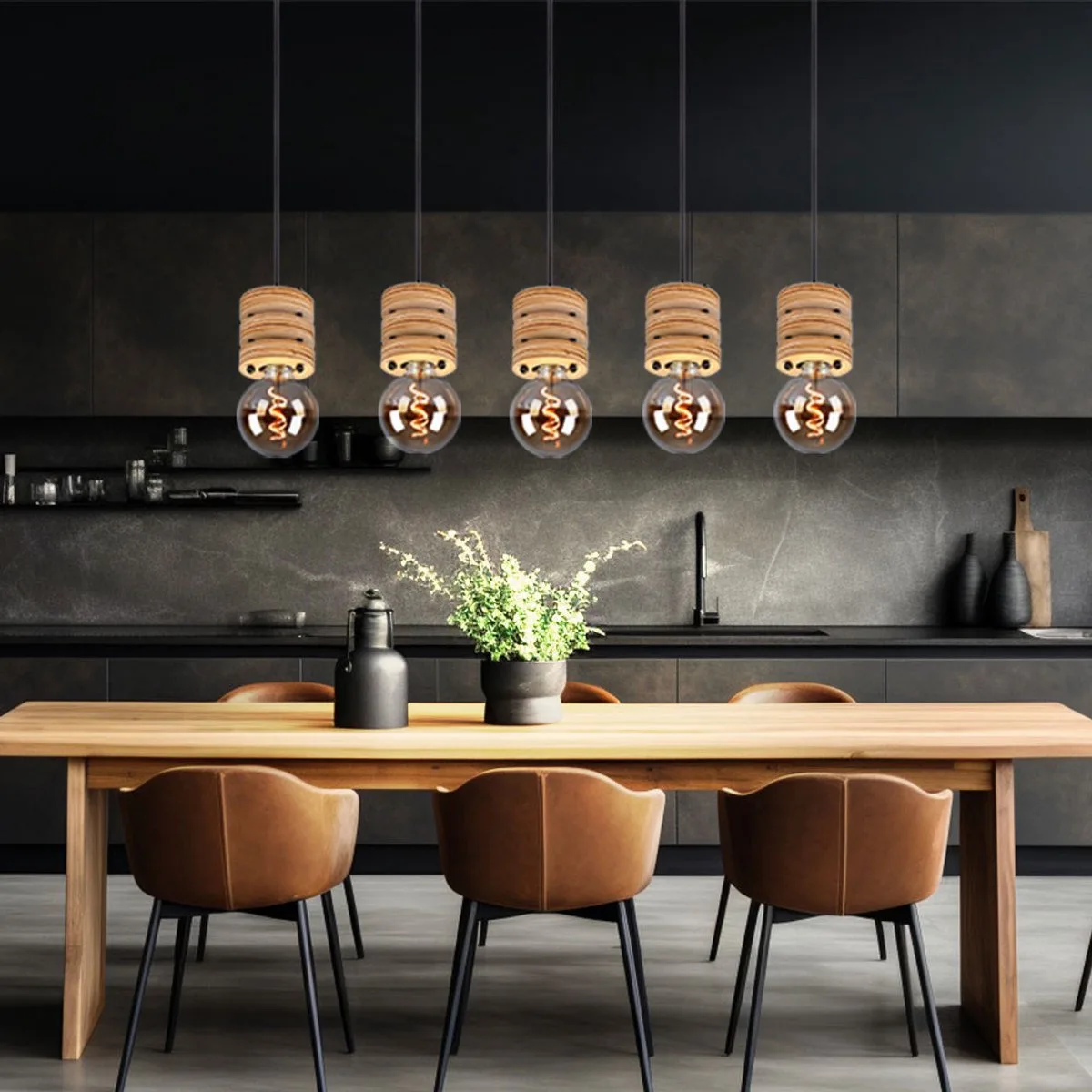 Eettafel lamp hangend hout Hanglamp eettafel hout lampen plafond hangend, metaal MDF 5x E27 fitting, LxBxH 116x10x120 cm de Globo en Noir – photo produit