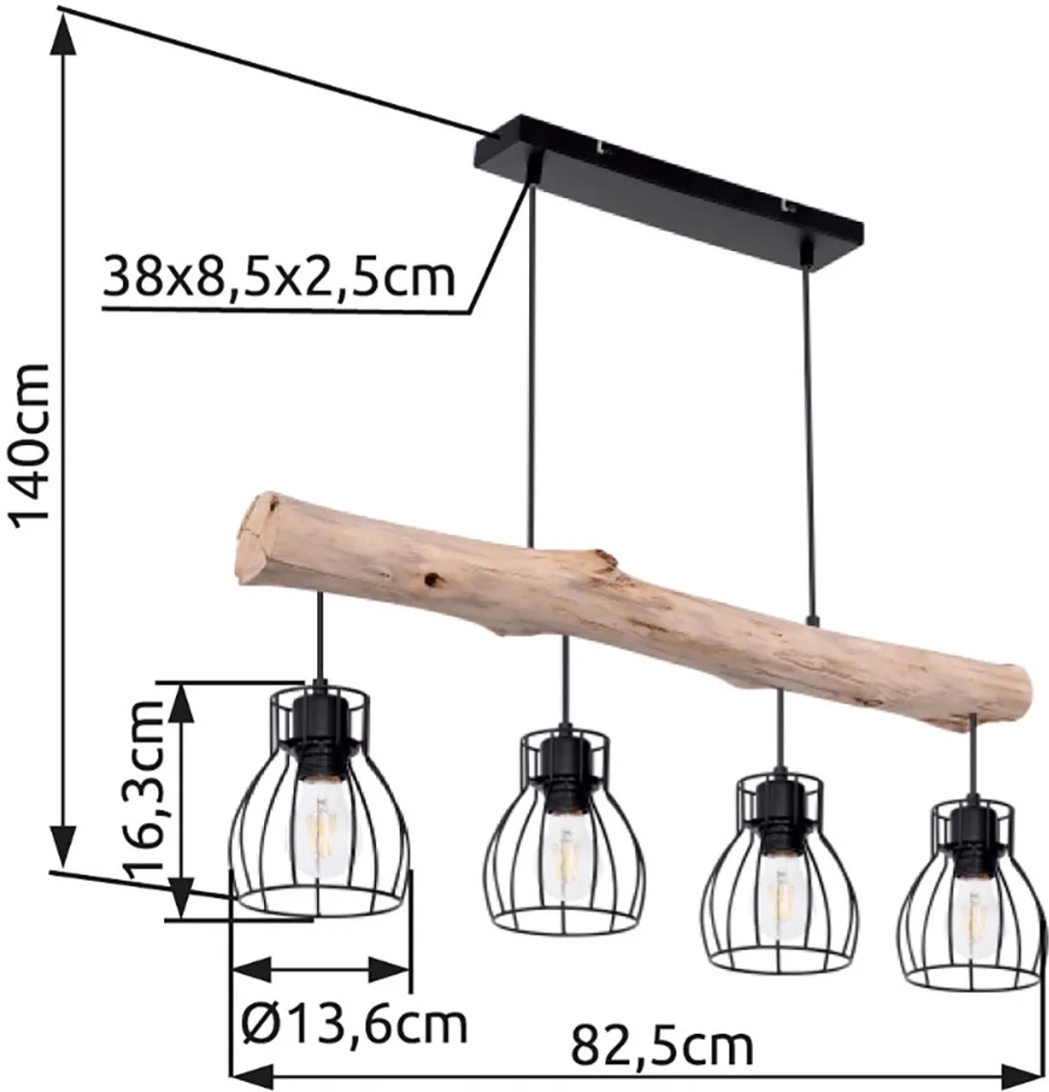 Eettafellamp Hanglamp 4 vlammen Hanglamp met houten balk Hanglamp traliekappen, metaal hout naturel, 4x E27 LxBxH 82,5x13,6x140cm från Globo i Svart – produktbild