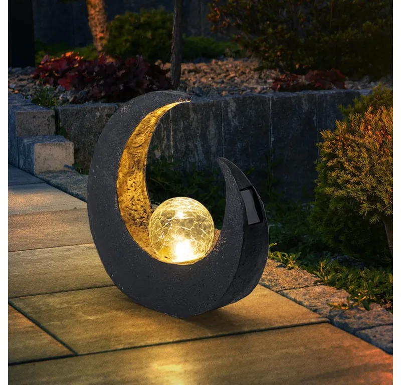 Gartenleuchte, LED-Leuchtmittel fest verbaut, LED Mondsichel Solar Lampe Garten Steh Boden Beleuchtung Glas Kugel von Globo in Schwarz – Produktfoto