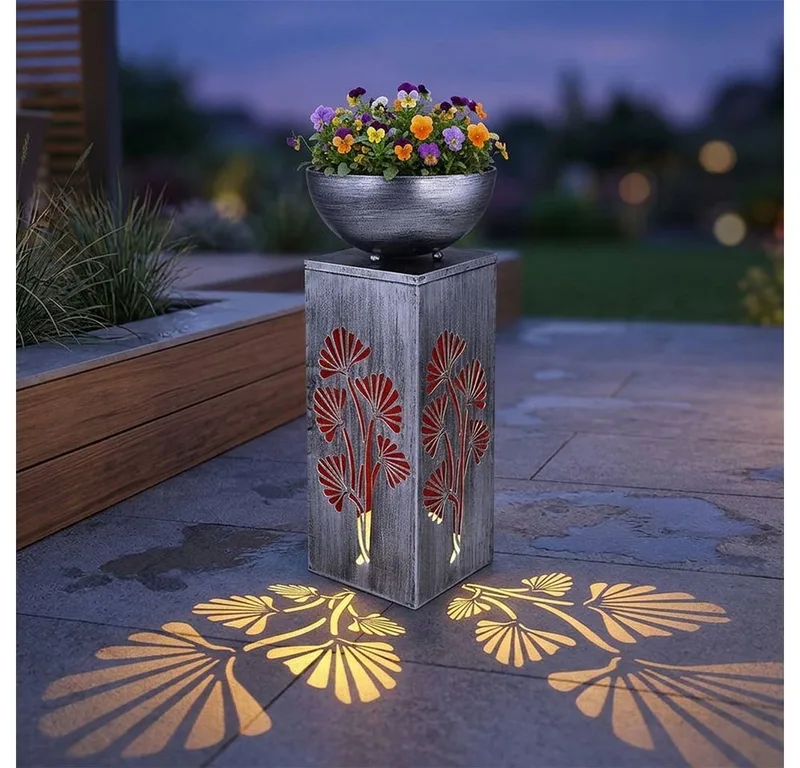 Gartenleuchte, LED-Leuchtmittel fest verbaut, Warmweiß, Dekosäule mit Pflanzschale und Beleuchtung Solar Säulenleuchte Außen fra Globo i Sølv – produktbillede