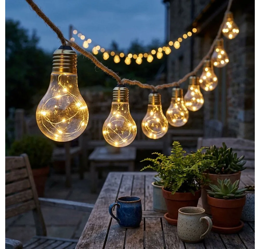 Gartenleuchte, LED-Leuchtmittel fest verbaut, Warmweiß, Solarlichterkette 10x LED Glühbirnen Außenlampe Gartendeko amber de Globo en Marron – photo produit