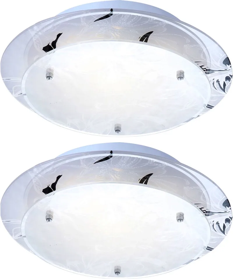 Glazen plafondlamp rond E27 keukenlamp moderne woonkamerlamp chroom, bloemdecor DxH 25x9,5 cm, set van 2 von Globo in Weiß – Produktfoto