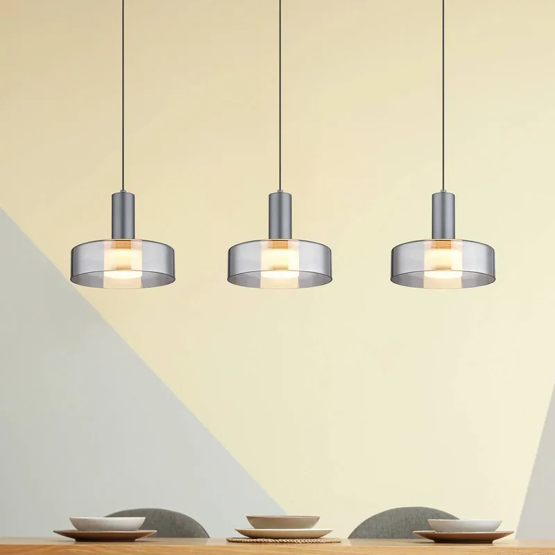 Grant LED hanglamp, lengte 90 cm, rookgrijs, 3-lamps, glas fra Globo i Grijs mat, Rookgrijs, Gesatineerd – produktbillede