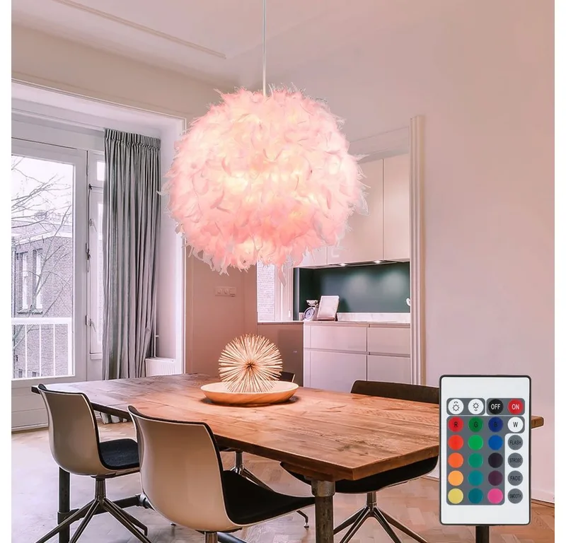 Hängeleuchte, Leuchtmittel inklusive, Farbwechsel, Warmweiß, Hänge Leuchte Fernbedienung Feder Pendel Kugel Lampe von Globo in Weiß – Produktfoto
