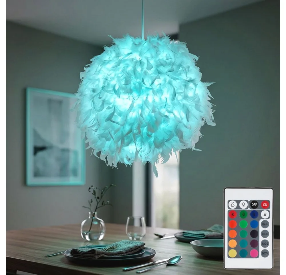 Hängeleuchte, Leuchtmittel inklusive, Pendel Decken Feder Lampe Fernbedienung Wohn Zimmer Hänge de Globo en Blanc – photo produit