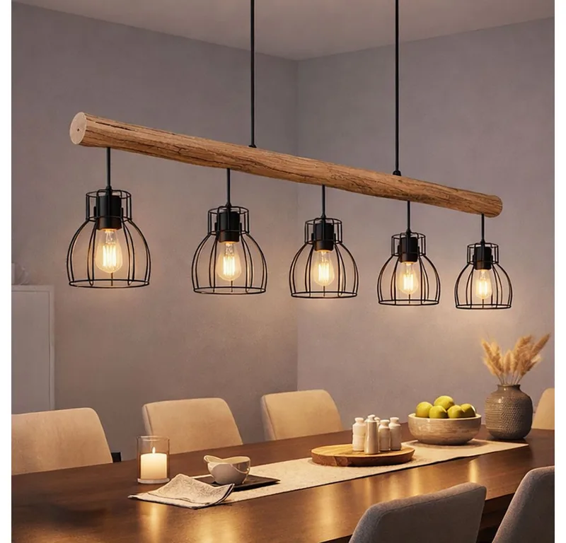 Hängeleuchte, Leuchtmittel inklusive, Warmweiß, LED Decken Hängelampe Holzbalken Design Pendelleuchte 5 flammig de Globo en Noir – photo produit