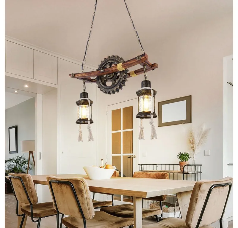 Hängeleuchte, Leuchtmittel inklusive, Warmweiß, LED Steampunk Lampe Hängelampe Vintage Industrial Pendelleuchte Holz von Globo in Braun – Produktfoto
