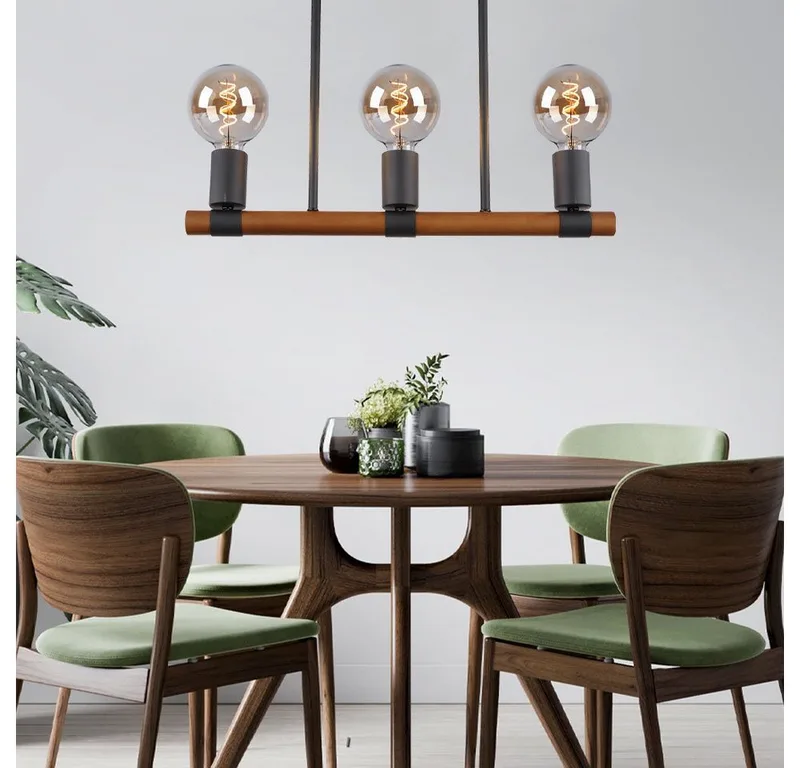 Hängeleuchte, Leuchtmittel nicht inklusive, Deckenlampe Retro Holzlampe Wohnzimmerleuchte 3 flammig de Globo en Noir – photo produit