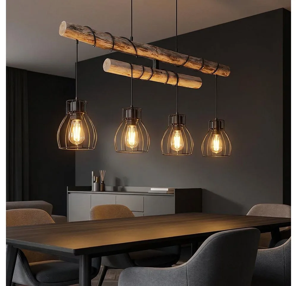 Hängeleuchte, Leuchtmittel nicht inklusive, Hängeleuchte Pendelleuchte Holzlampe Balken Höhenverstellbar 4 Flammig de Globo en Marron – photo produit