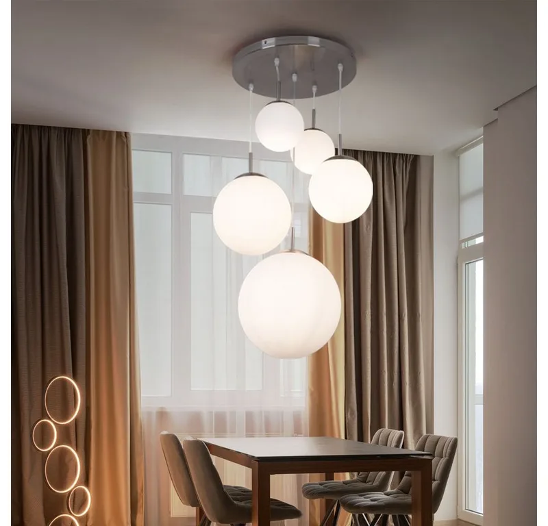 Hängeleuchte, Leuchtmittel nicht inklusive, Hängeleuchte Wohnzimmerlampe 5-flammig Glas Schirm Kugel silber H 90cm de Globo en Blanc – photo produit