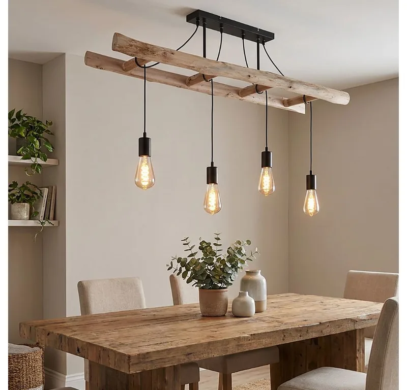Hängeleuchte, Leuchtmittel nicht inklusive, Retro Pendelleuchte Holzleuchte Vintage Hängelampe Holz Hängeleuchte de Globo en Noir – photo produit