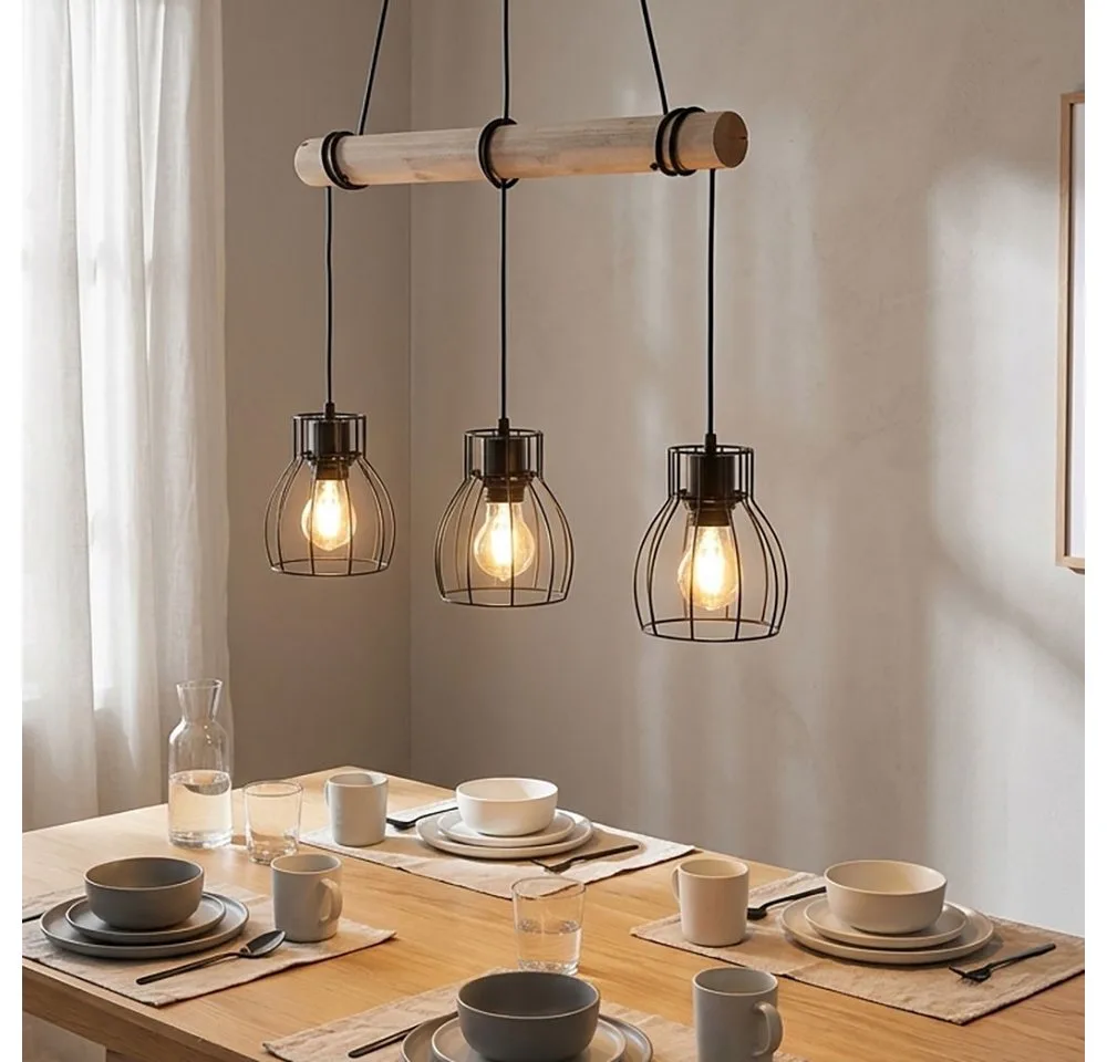Hängeleuchte, Leuchtmittel nicht inklusive, Vintage Pendelleuchte Hängelampe Holz Esstischlampe van Globo in Bruin – productfoto