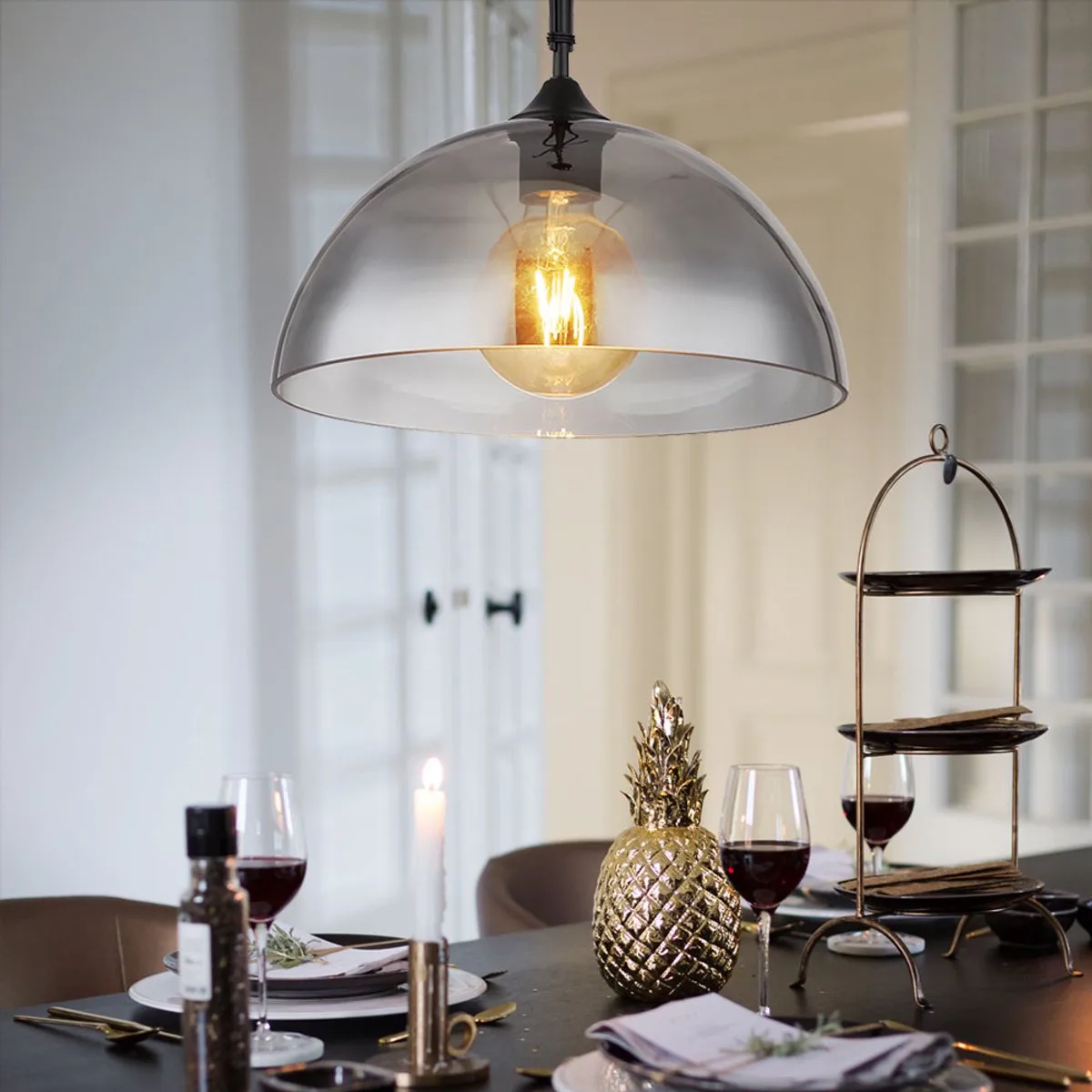 Hanglamp 1-flame glazen kap smoke Eetkamerlamp hangketting Hanglamp, metaal, 1x E27 fitting, DxH 30x120 cm fra Globo i Grå – produktbillede