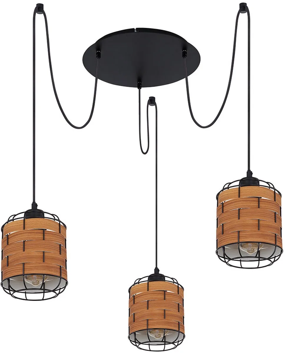 Hanglamp 3 vlammen hanglamp houtlook woonkamerlamp, verstelbaar, metaal kunststof, zwart 3x E27 fitting, DxH 38,5x200 cm de Globo en Marron – photo produit