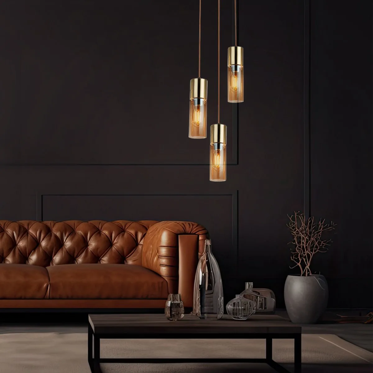 Hanglamp 3 vlammen plafond hanglamp metaal glas hanglamp, 3x E27, metaal glas amberkleurig, 30x150cm, woonkamer slaapkamer fra Globo i Messing – produktbillede