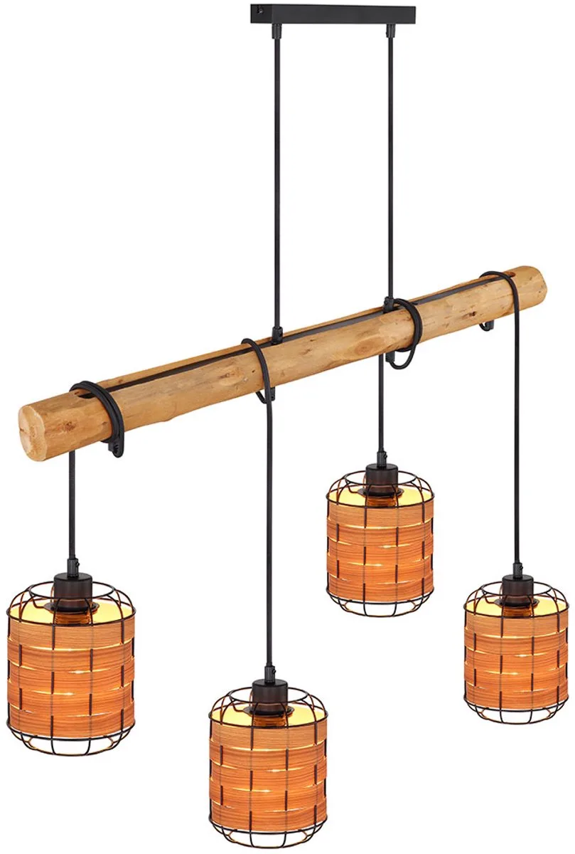 Hanglamp 4 vlammen hanglamp houtlook woonkamerlamp voor verstellen, metaal kunststof, zwart 4x E27 fitting, LxBxH 85x15x140 cm von Globo in Braun – Produktfoto