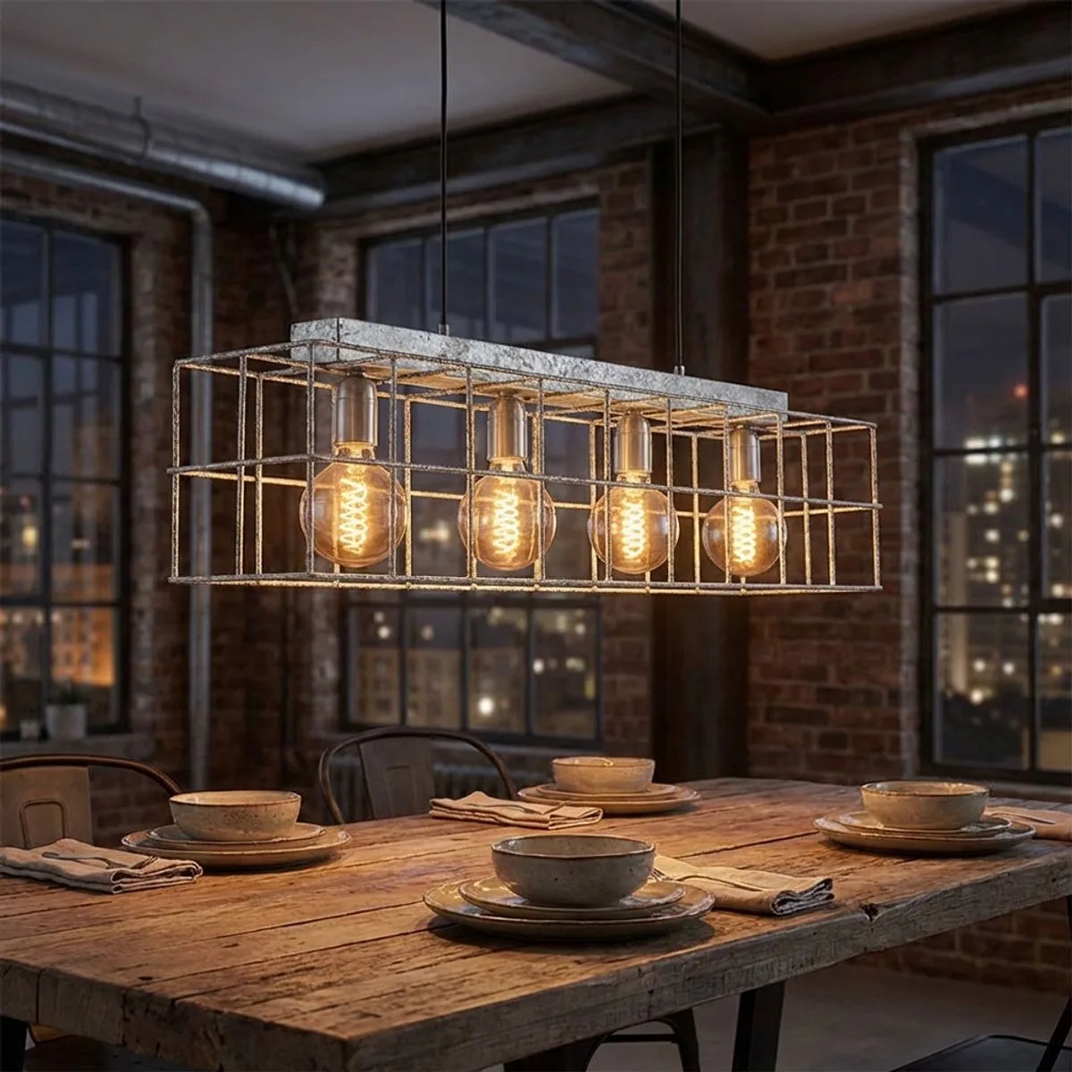 Hanglamp 4 vlammen hanglamp woonkamer industriële hanglamp E27, metalen rooster zinkkleurig, 4x 7W 630lm warm wit, LxBxH 90x20x150 cm von Globo in Silber – Produktfoto