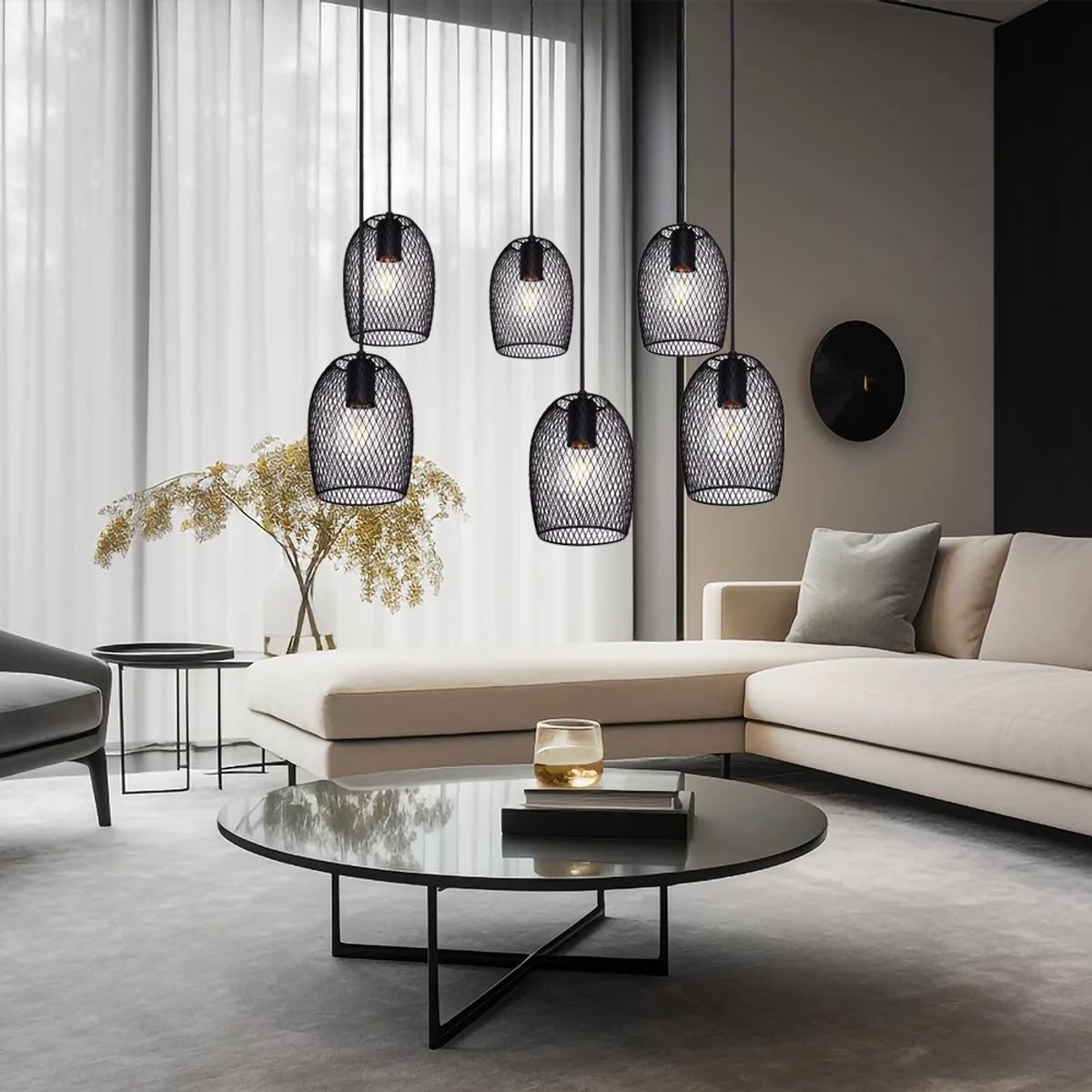 Hanglamp 6 vlammen eettafel lamp retro hanglamp woonkamer industrieel, metaal 6x E27 fitting, DxH 75x150 cm by Globo in Black – product photo