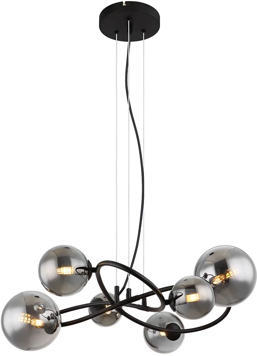 Hanglamp 6 vlammen LED hanglamp woonkamer eettafel lamp gerookt glas, metaal 6x 3.5W 6x 350lm warm wit, LxH 62.2 x 120 cm fra Globo i Sort – produktbillede
