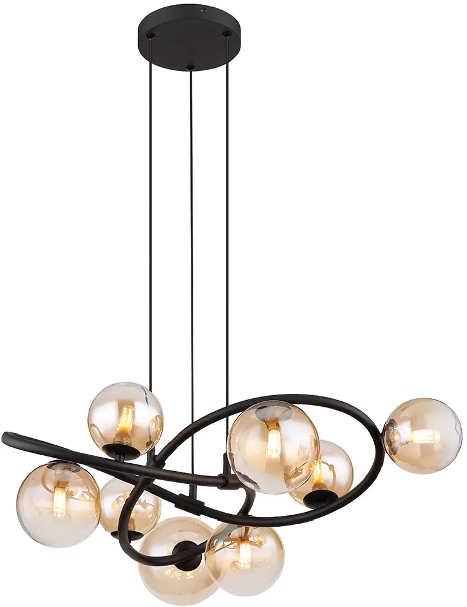 Hanglamp 8 vlammen LED hanglamp eettafel lamp retro woonkamer lamp, zwart, glazen bollen amber, 8x 3.5W 8x 350lm warm wit, DxH 65 x 120 cm de Globo en Orange – photo produit