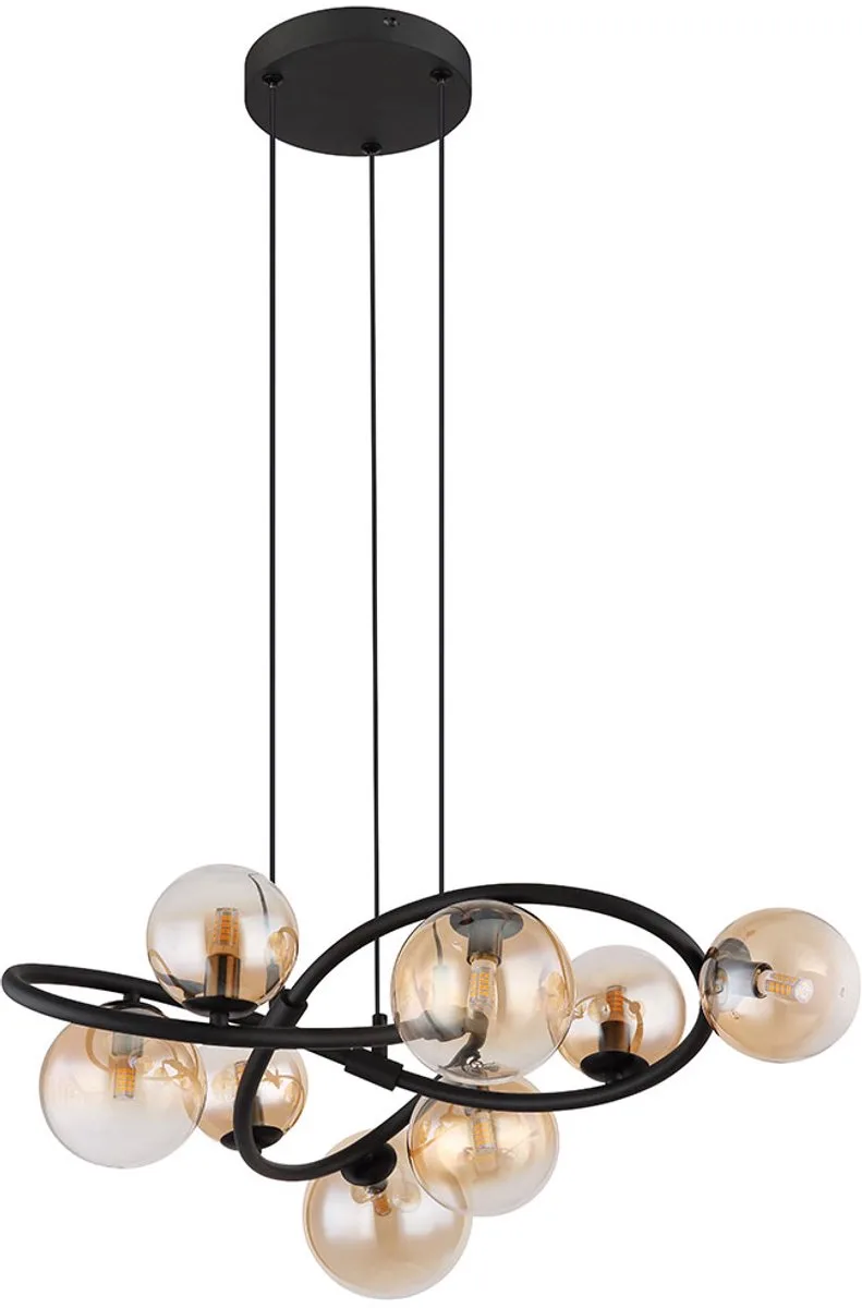 Hanglamp 8 vlammen LED hanglamp eettafel lamp retro woonkamer lamp, zwart, glazen bollen amber, 8x 3.5W 8x 350lm warm wit, DxH 65 x 120 cm by Globo in Orange – product photo