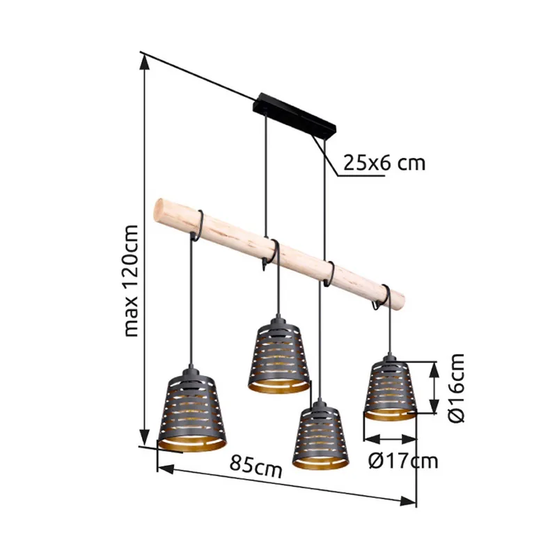 Hanglamp Ablona, lengte 85 cm, zwart/goudkleurig, metaal de Globo en Zwart mat, Or, Licht hout – photo produit