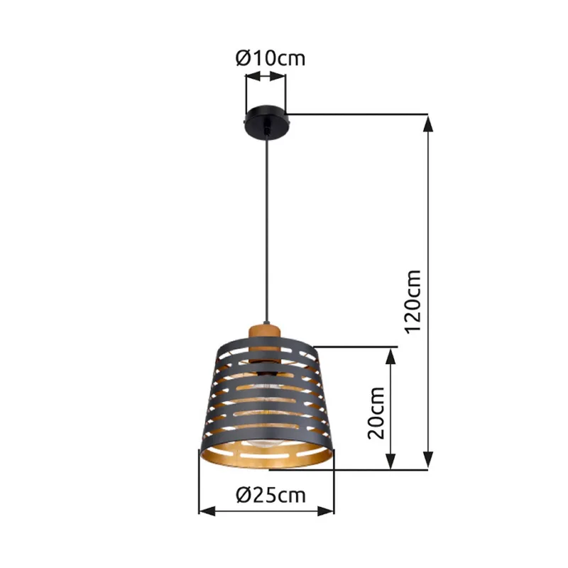 Hanglamp Ablona, Ø 25 cm, zwart/goudkleurig, metaal de Globo en Zwart mat, Or, Licht hout – photo produit