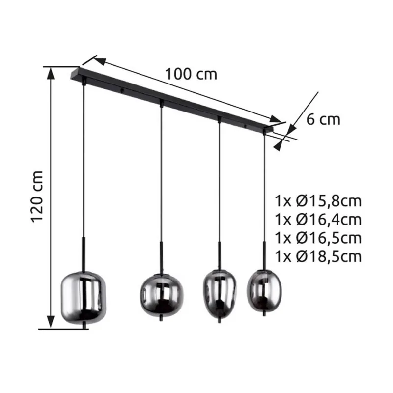 Hanglamp Blacky, zwart/rookgrijs, lengte 110 cm, 4-lamps. de Globo en Noir, Rokerig grijs-transparant – photo produit