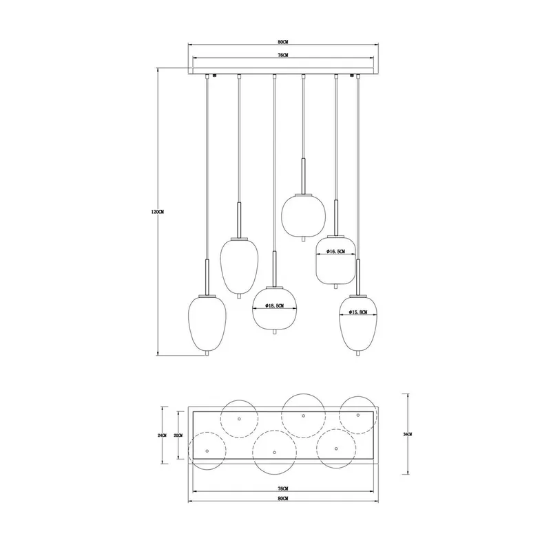 Hanglamp Blacky, zwart/rookgrijs, lengte 80 cm, 6-lamps. de Globo en Noir, Rokerig grijs-transparant – photo produit
