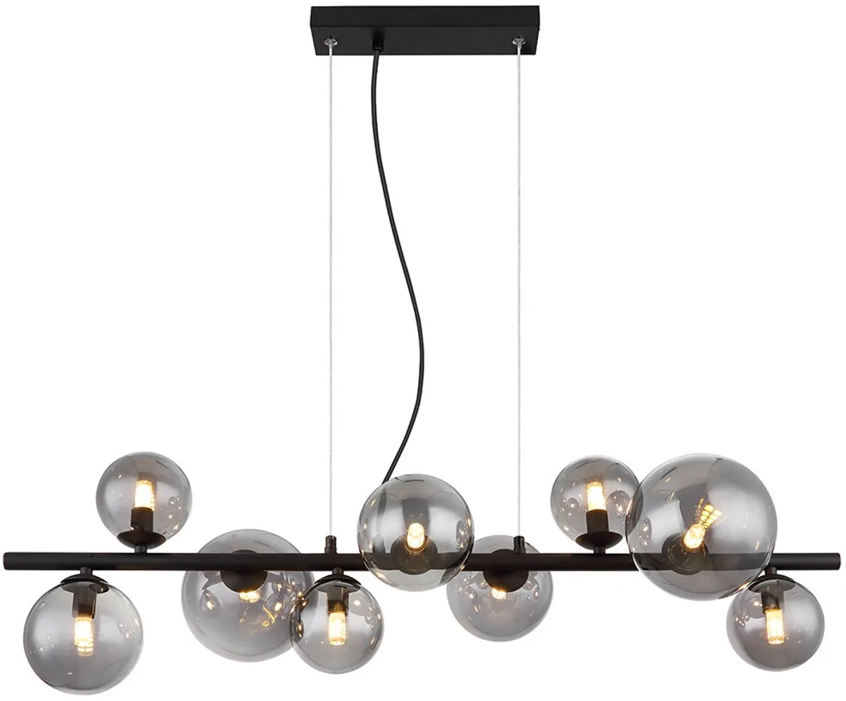 Hanglamp bol glas eettafel zwarte woonkamer lamp hangend modern, 9 vlammen met rookglas, 9x LED 3.5W 350lm warm wit, LxH 86x120 cm de Globo en Gris – photo produit