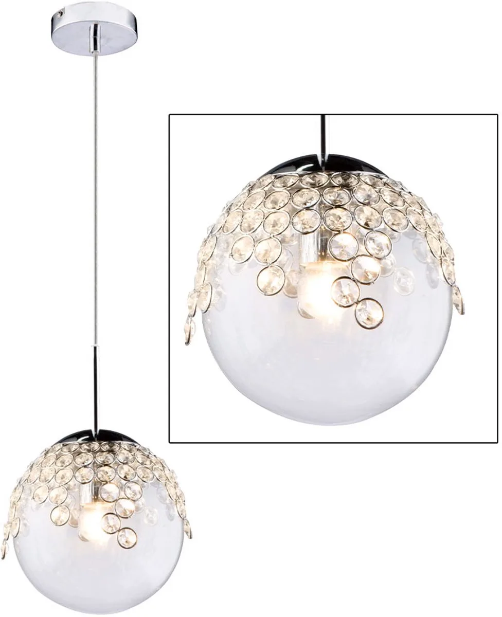 Hanglamp Bollamp Binnenverlichting Gas helder, metaal, chroom, K kristallen, 1x E27 fitting, DxH 20x150 cm de Globo en Duidelijk – photo produit