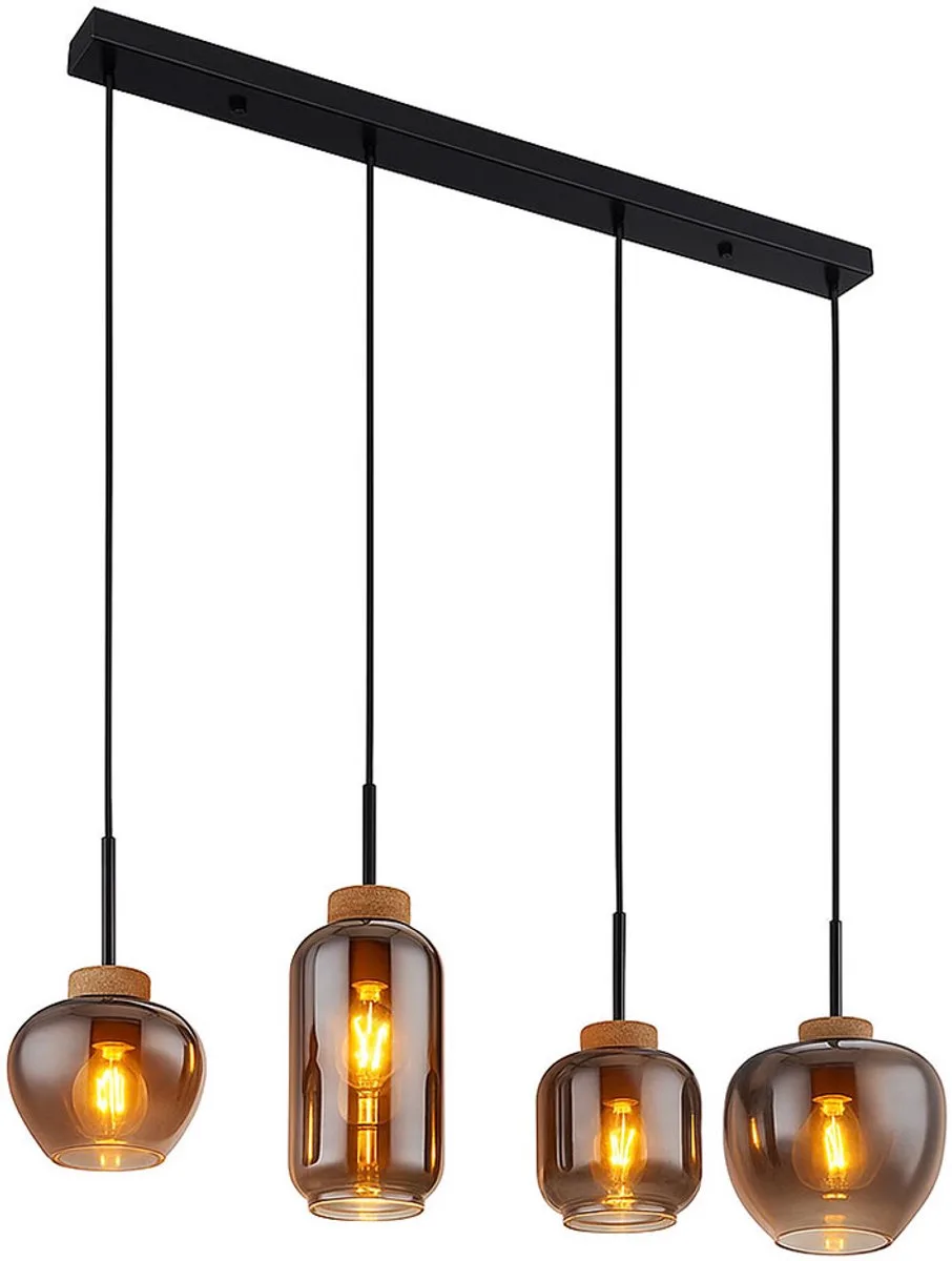 Hanglamp eetkamer 4-lichts hanglamp rookglas, metaal, 4x E27 fitting, LxBxH 96x23x120 cm de Globo en Noir – photo produit