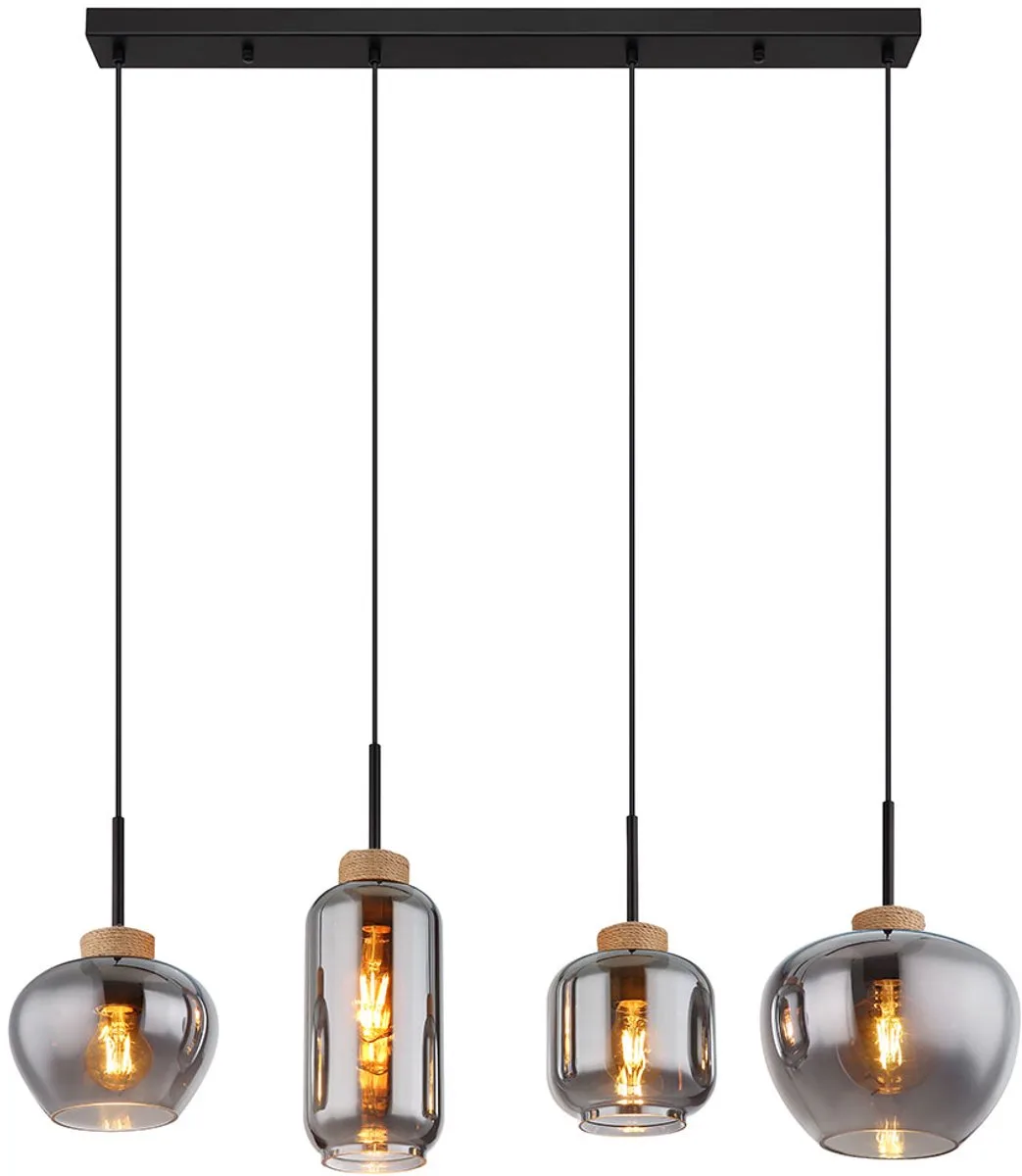 Hanglamp eetkamer 4-lichts hanglamp rookglas, metaal, 4x E27 fitting, LxBxH 96x23x120 cm von Globo in Grau – Produktfoto