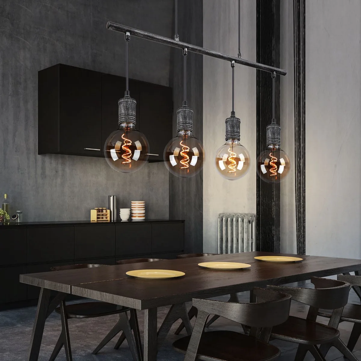 Hanglamp eetkamerlamp hanglamp, industriële hanglamp, 4-lichts, eettafel, antiek design, metaal, 4x E27 fitting, LxH 90x120 cm de Globo en Gris – photo produit