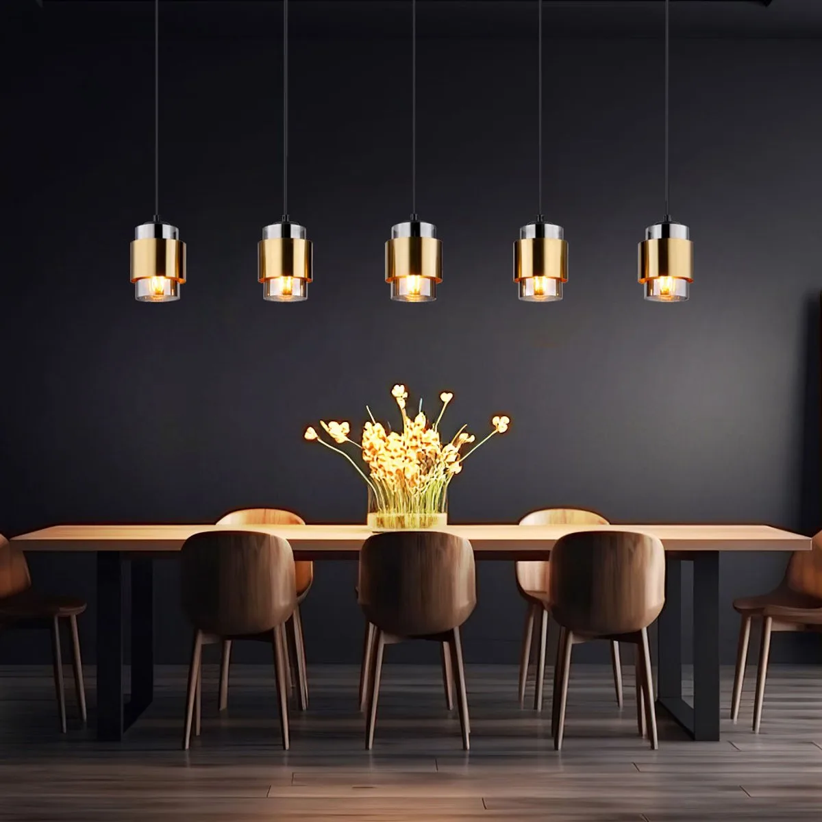 Hanglamp eetkamerlamp hanglamp woonkamerlamp eettafellamp, metaal zwart messing ring glas rookkleurig, 5 vlammen E27, H 150 cm de Globo en Gris – photo produit