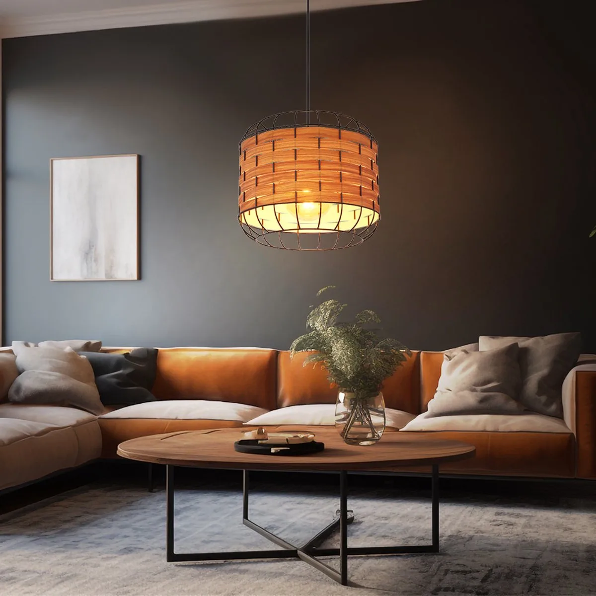 Hanglamp eetkamerlamp landhuis hout look hanglamp raster kap, metaal, mat, 1x E27 fitting, DxH 35x120 cm von Globo in Schwarz – Produktfoto