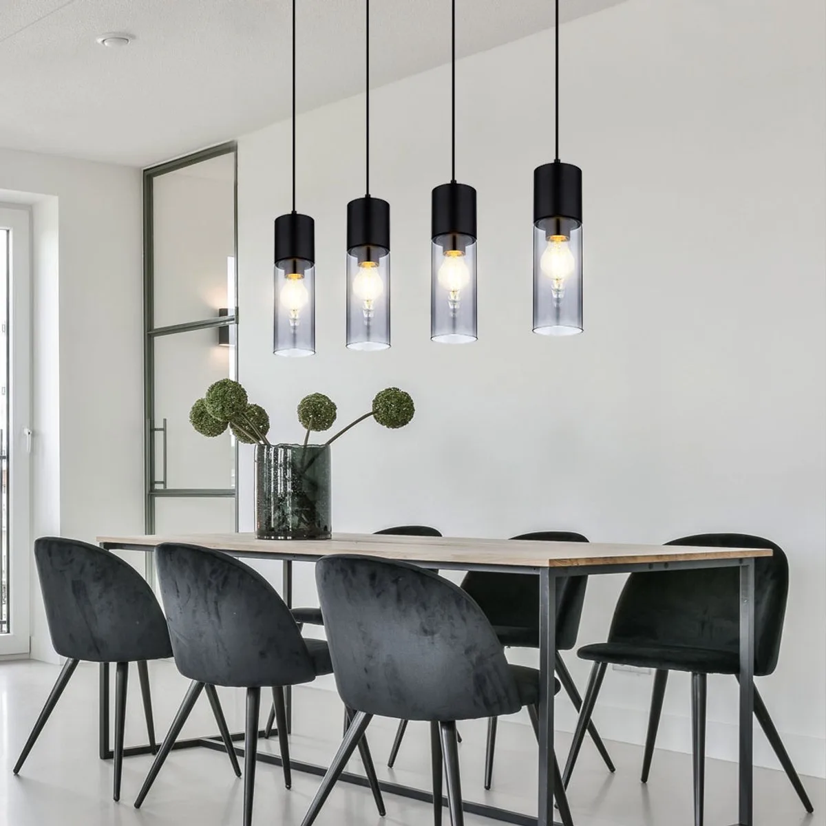 Hanglamp Eetkamerlamp Woonkamerlamp Keukenlamp, 4-bol, glas metaal black smoke, E27, H 156 cm von Globo in Schwarz – Produktfoto