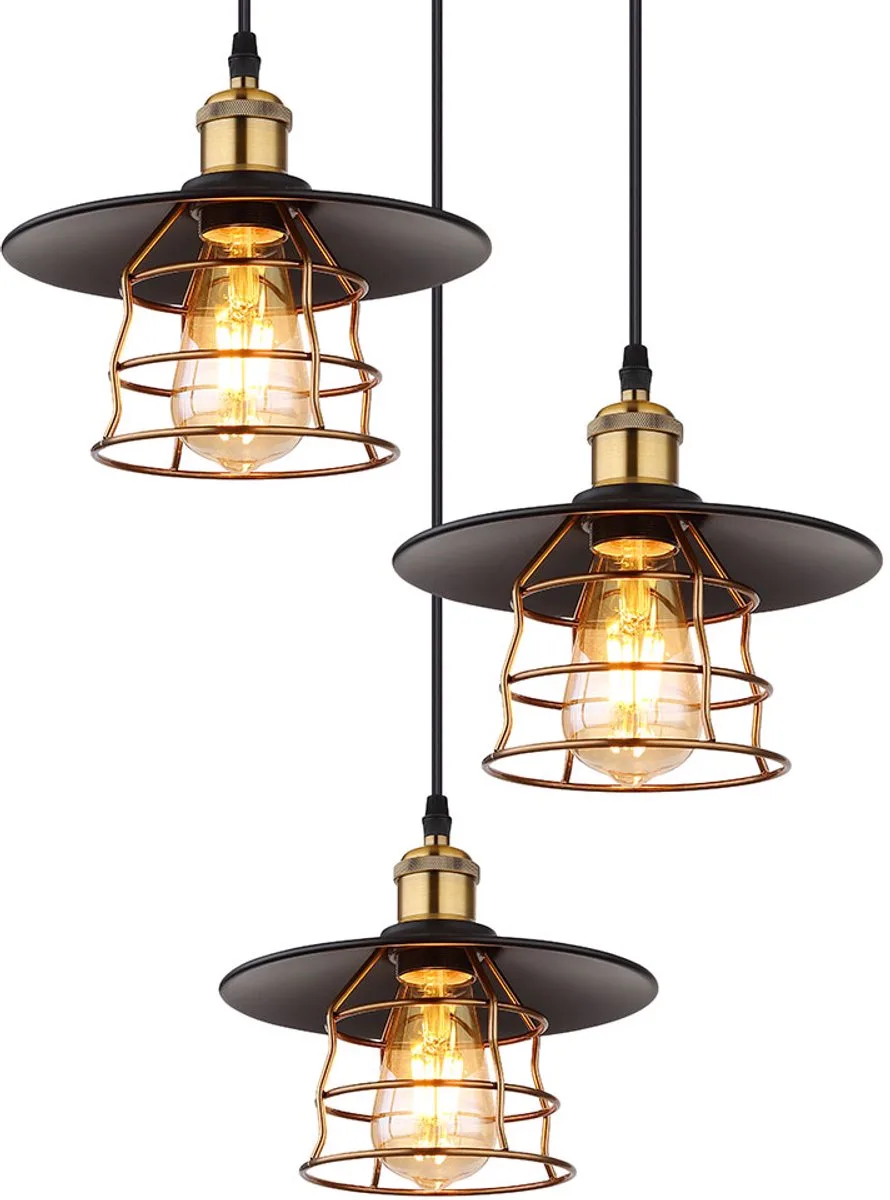 Hanglamp eettafel 3 vlam industriële hanglamp keuken, metaal messing, 3x E27, DxH 33x 150 cm by Globo in Black – product photo