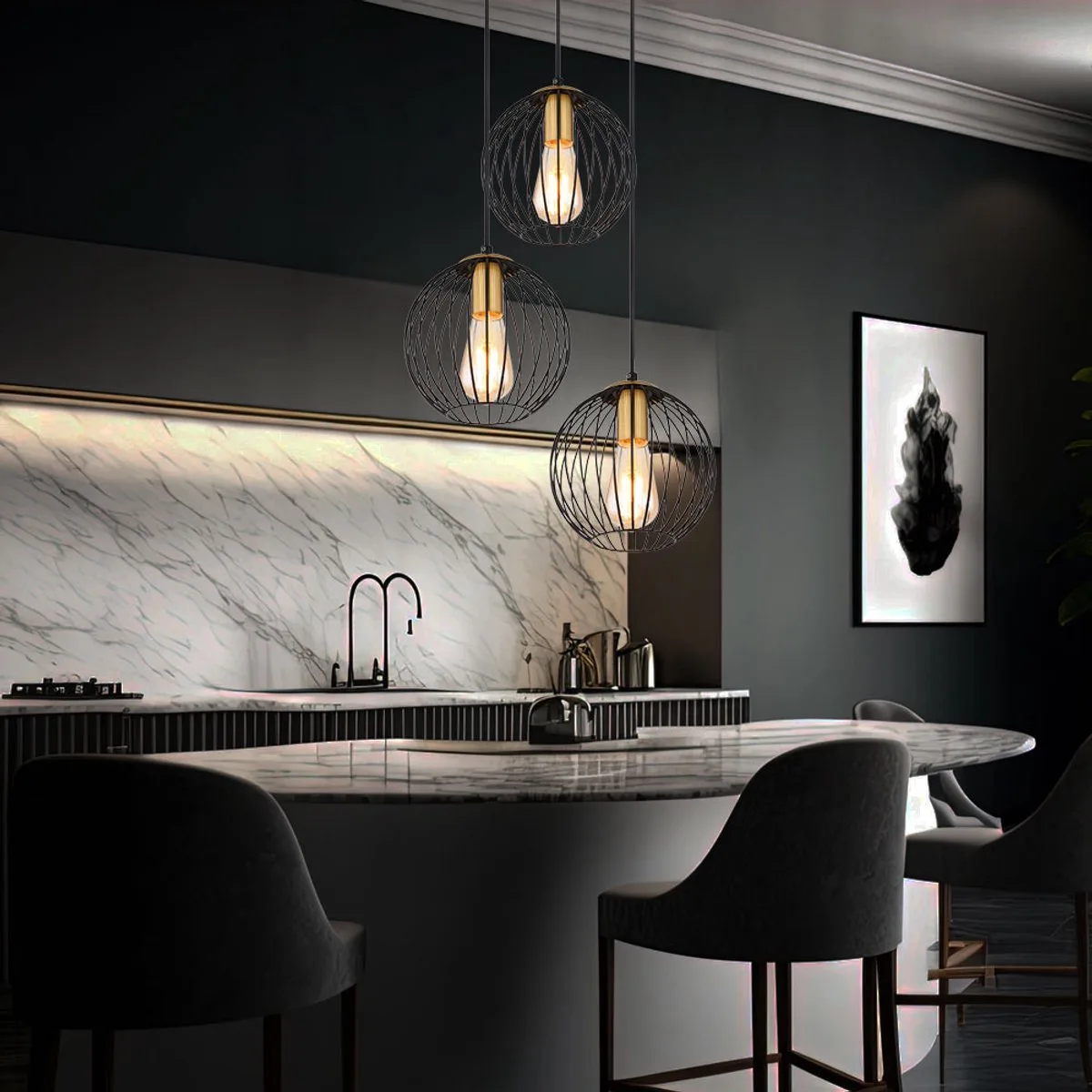 Hanglamp eettafel Hanglamp, 3-lichts, moderne hanglamp met traliekappen, metaal, zwartgoud, mat, 3x E27 fitting, DxH 39x150 cm von Globo in Schwarz – Produktfoto