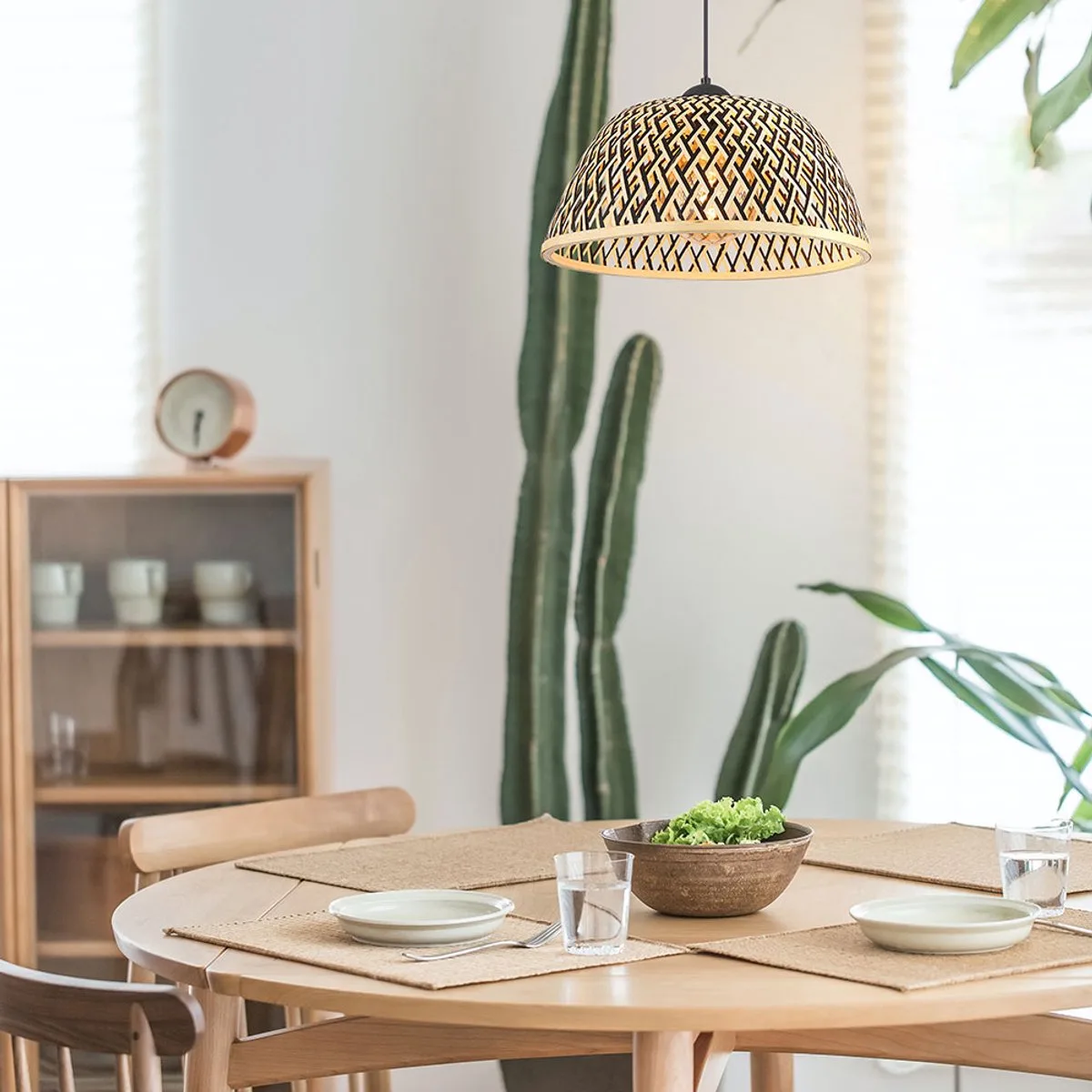 Hanglamp eettafel hanglamp bamboe eetkamerlamp bruin, boho houten lamp gevlochten rond, metaal mat, 1x E27 fitting, DxH 40x120 cm von Globo in Schwarz – Produktfoto
