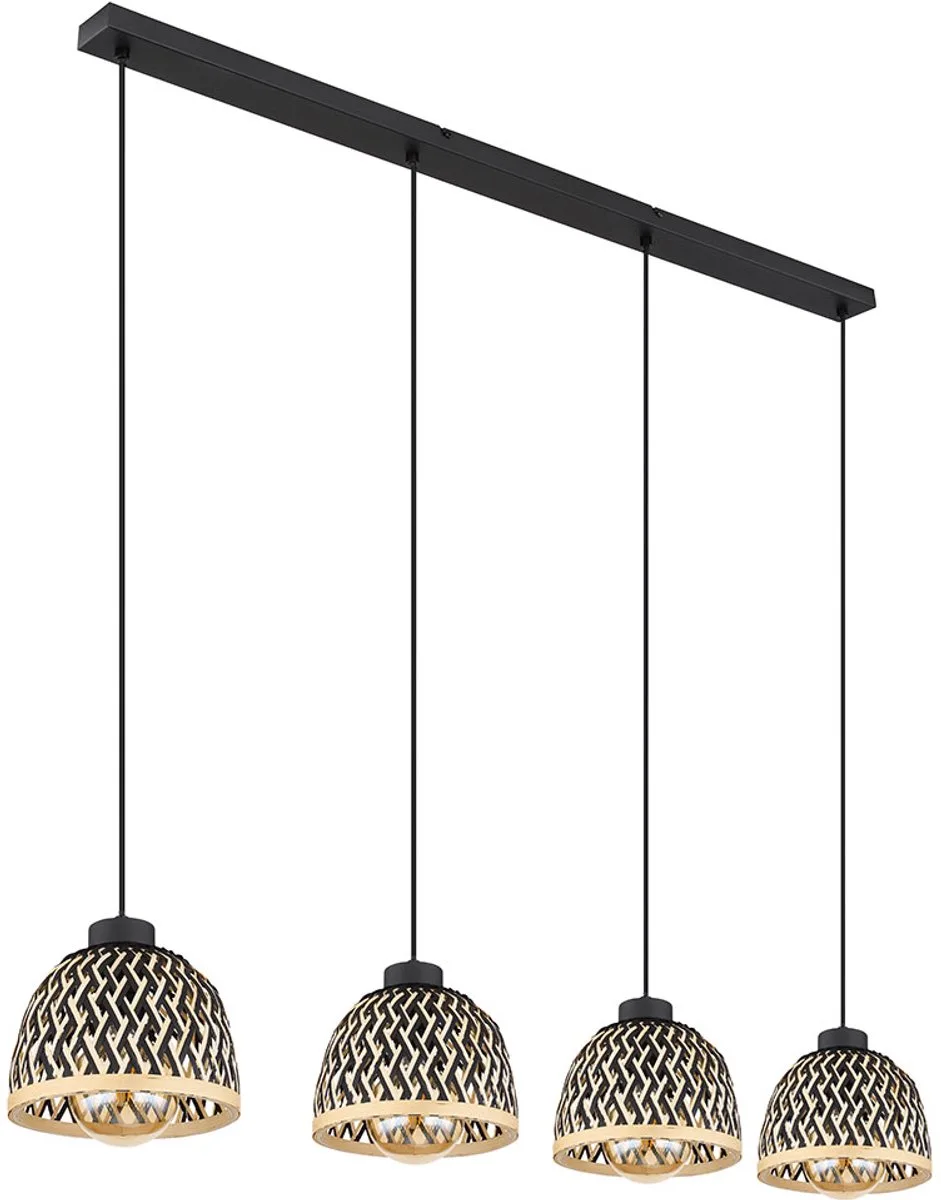 Hanglamp eettafel hanglamp Boho woonkamerlamp 4-lichts, bamboe kap in hoogte verstelbaar, metaal zwart mat, 4x E27, LxBxH 119x20x120 cm von Globo in Braun – Produktfoto