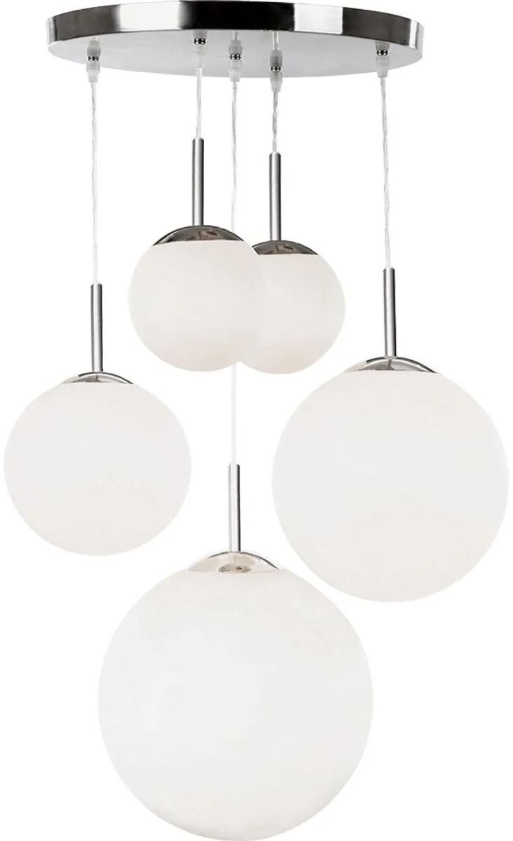 Hanglamp eettafel hanglamp moderne woonkamerlamp zilver, hanglamp 5-flame design glazen bol opaal, metaal, 5x E27 fitting, DxH 50x90 cm by Globo in White – product photo