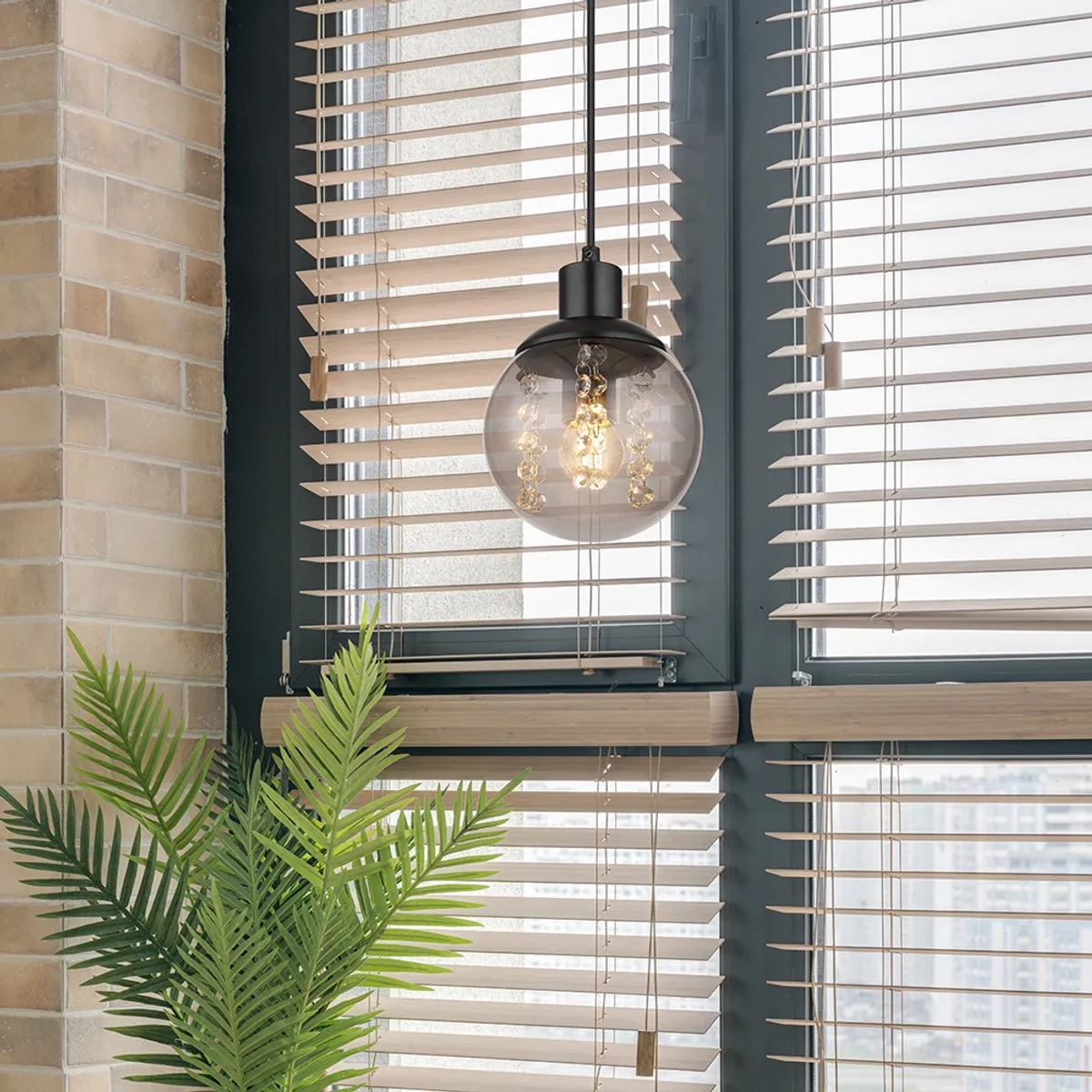Hanglamp eettafel hanglamp woonkamer, gerookt glas, zwart metaal, 1x E27, DxH 15 x 150 cm de Globo en Gris – photo produit