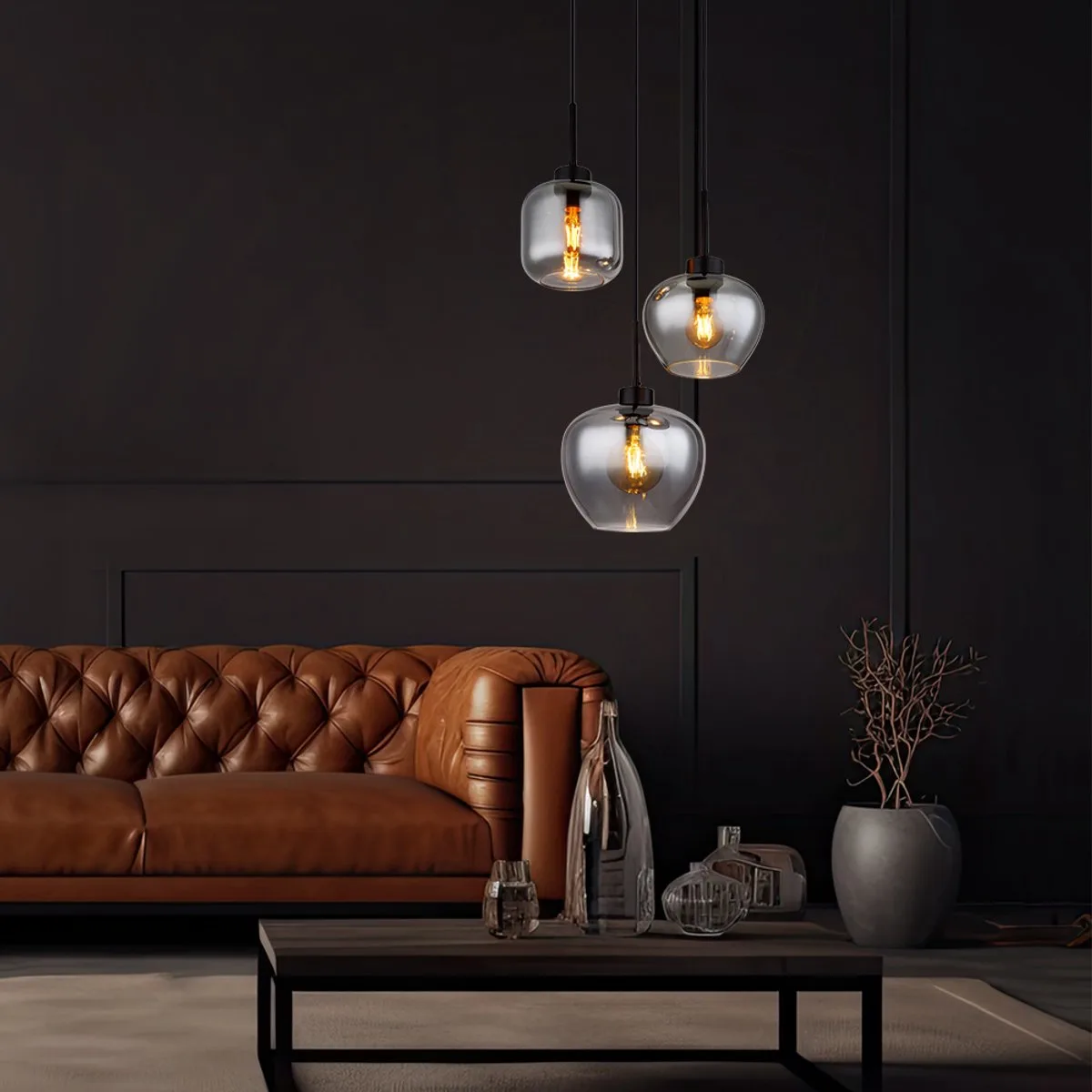Hanglamp eettafel lamp gerookt glas woonkamer lamp hanglamp 3 vlammen, zwart metaal, 3x E27, DxH 38x120 cm de Globo en Gris – photo produit