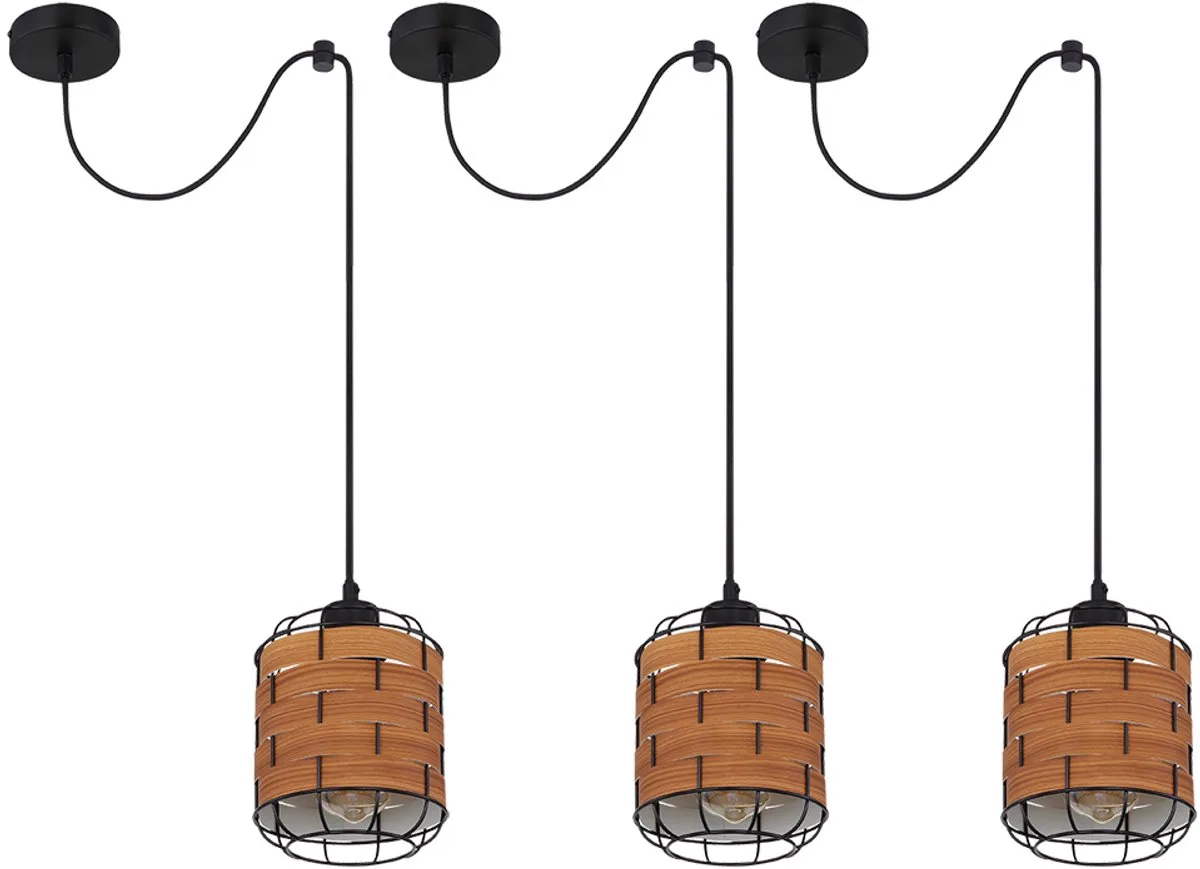 Hanglamp eettafel lamp hanglamp hout look woonkamer, raster look, 1x E27, DxH 15 x 200 cm, set van 3 de Globo en Marron – photo produit